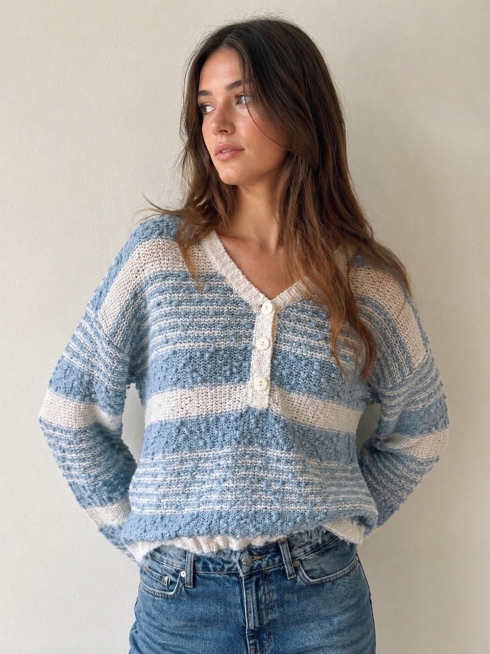 90’s Mervyn’s Blue White Striped Button Down Cozy Sweater Vintage Cottagecore